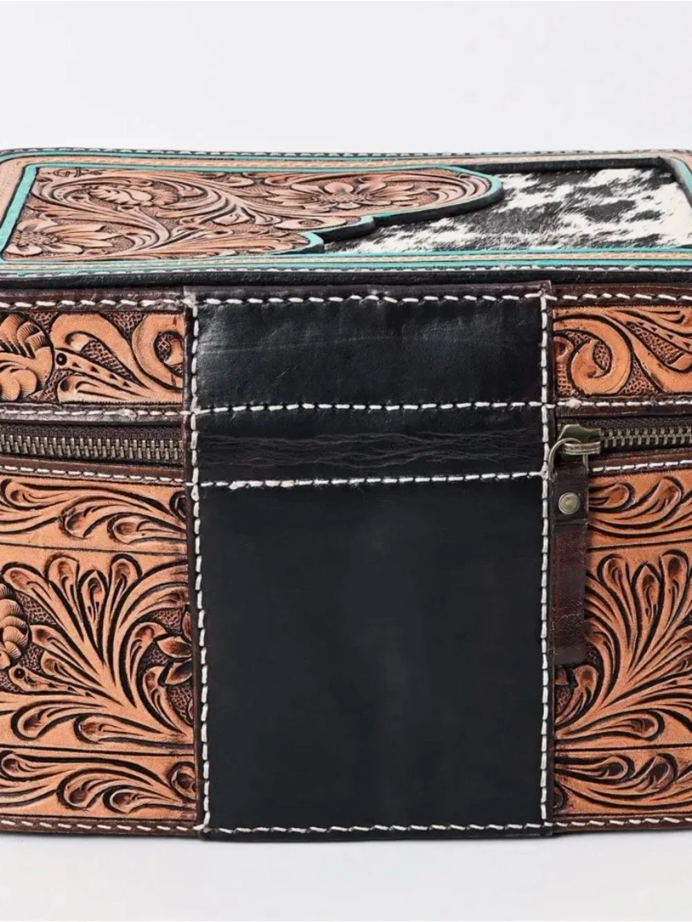 Tooled Leather Train Case with Turquoise Accents - Women Bags